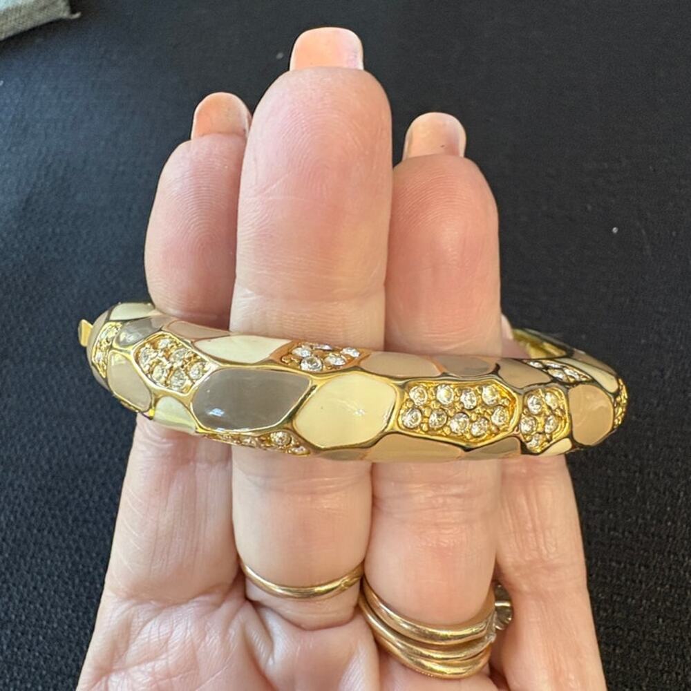 Vintage Joan Rivers Taupe and Rhinestone Hinged Goldtone Bracelet